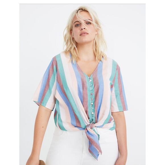 Madewell Novel Tie-Front Button Top in Flagstaff Stripe 2X - Picture 1 of 6